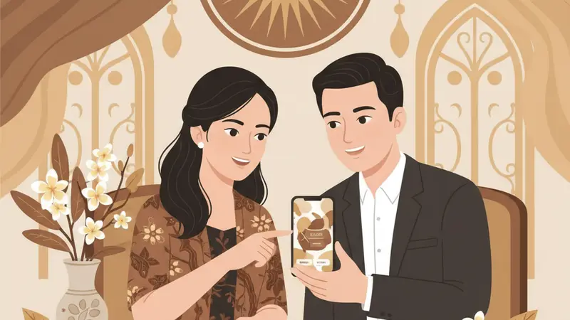 Ilustrasi pasangan sedang melihat undangan pernikahan digital gratis di laptop