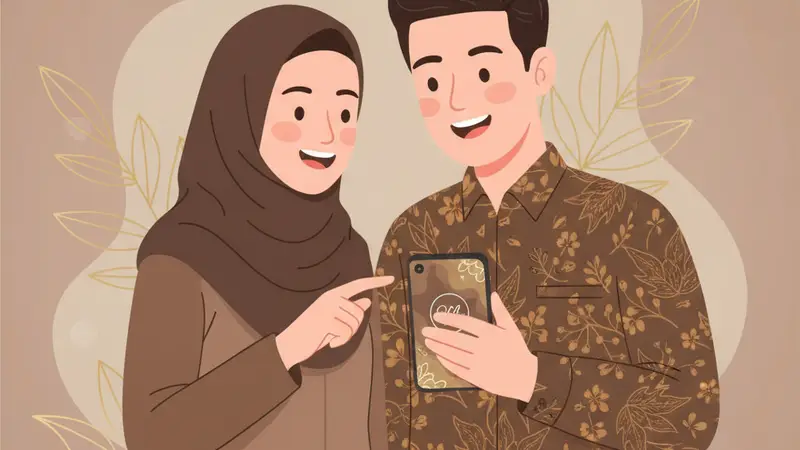 Pengantin wanita melihat undangan pernikahan digital gratis di ponsel bersama pasangannya