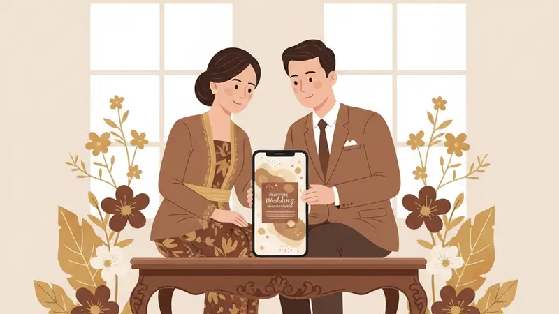 Pasangan pengantin melihat undangan pernikahan digital website di laptop