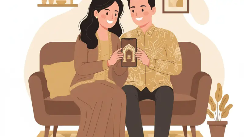 Pengantin melihat contoh desain undangan digital landscape di tablet