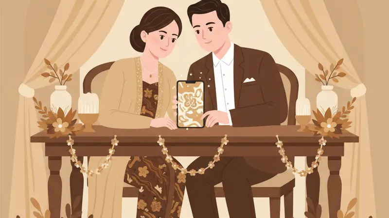Pasangan calon pengantin sedang melihat contoh undangan pernikahan digital murah di tablet