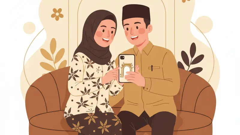 Pengantin baru melihat fitur-fitur undangan pernikahan digital Sannubari yang lengkap