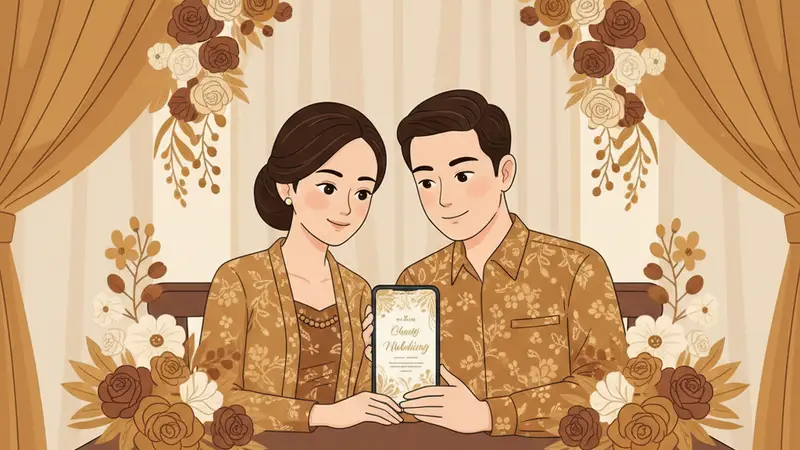 Ilustrasi pasangan pengantin Jawa sedang ngunduh mantu dengan latar belakang rumah tradisional