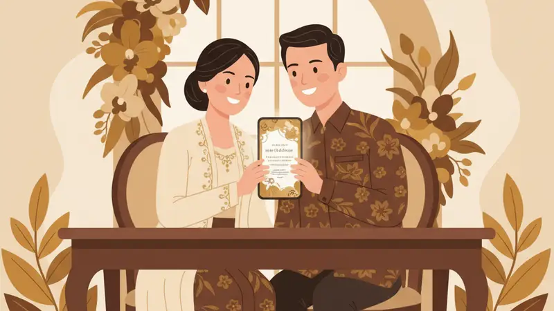 Ilustrasi pasangan sedang melihat undangan pernikahan online di tablet