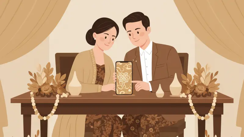 Pasangan pengantin sedang melihat-lihat desain undangan pernikahan premium digital di tablet dengan latar belakang pernikahan yang elegan