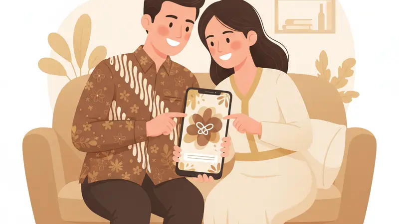 Pengantin wanita sedang memegang smartphone yang menampilkan undangan pernikahan premium digital dengan desain yang mewah dan elemen emas