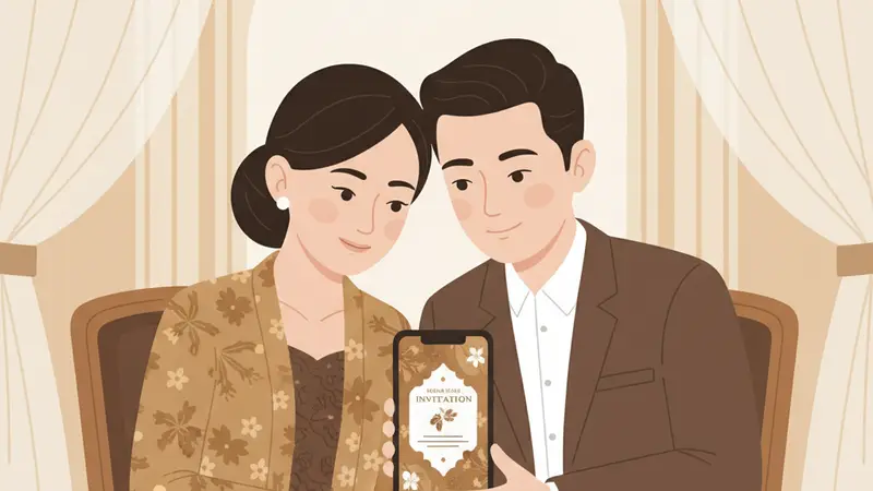 Ilustrasi pasangan berpakaian cokelat memegang ponsel berisi desain undangan