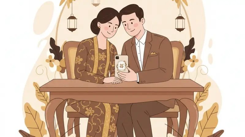 Pasangan pengantin melihat undangan pernikahan web di laptop