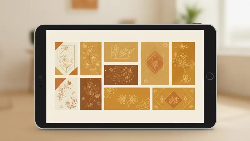 Ilustrasi tablet menampilkan enam pilihan desain undangan bernuansa emas