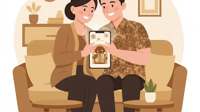 Ilustrasi pasangan duduk di sofa sambil memegang ponsel berisi undangan