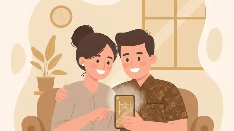Pasangan pengantin sedang berdiskusi dengan desainer undangan digital