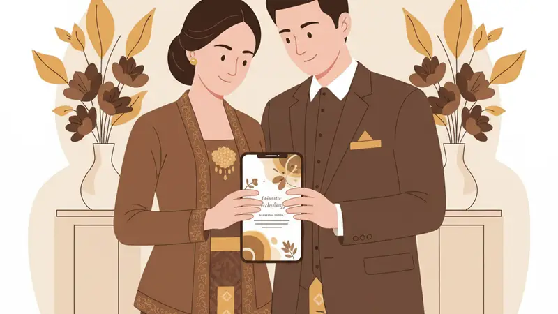 Ilustrasi pasangan sedang melihat undangan syukuran digital di tablet