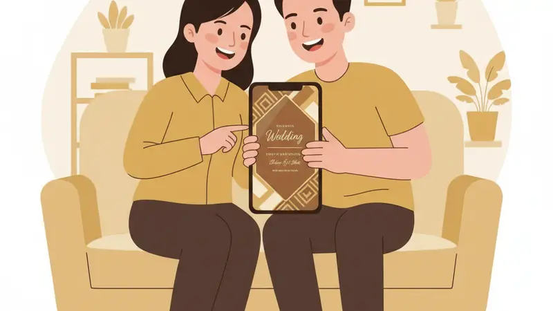 Pengantin muda memegang smartphone dengan undangan tunangan online dan membagikannya