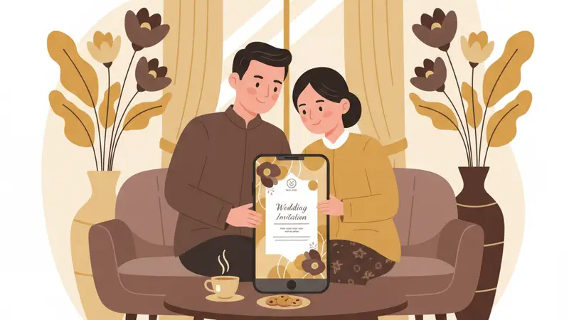 Ilustrasi undangan virtual pernikahan modern dengan elemen digital