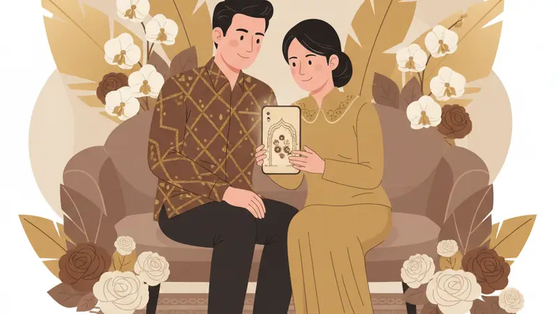 Pasangan pengantin melihat undangan web digital di tablet