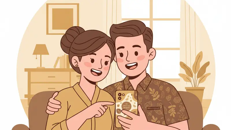 Pasangan muda sedang berdiskusi tentang pilihan undangan web, antara gratis dan berbayar
