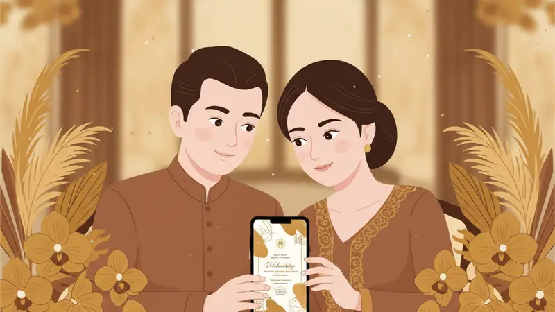 Pasangan melihat undangan web pernikahan di laptop dan smartphone