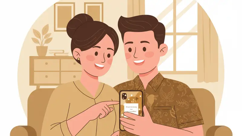 Pasangan memilih tema undangan web pernikahan di laptop