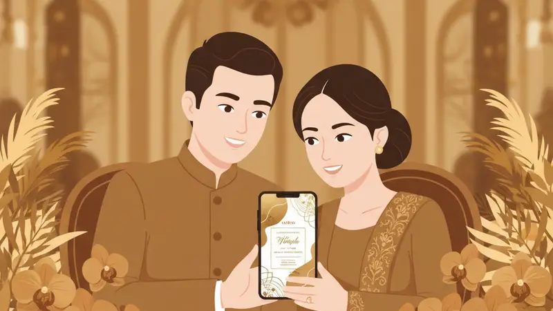 Ilustrasi pasangan sedang melihat undangan wedding digital di tablet dengan latar belakang bunga-bunga