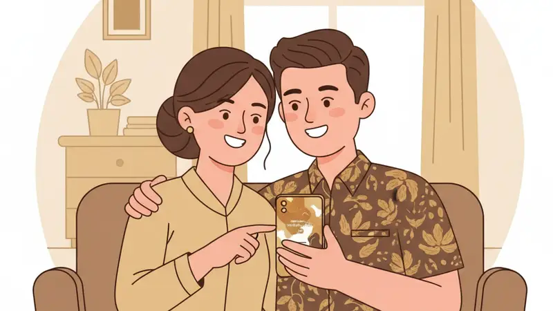 Pasangan sedang berdiskusi memilih template undangan wedding digital di laptop