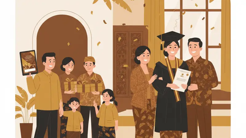 Seorang wisudawan tersenyum ceria sambil memegang ijazah dan smartphone dengan undangan digital