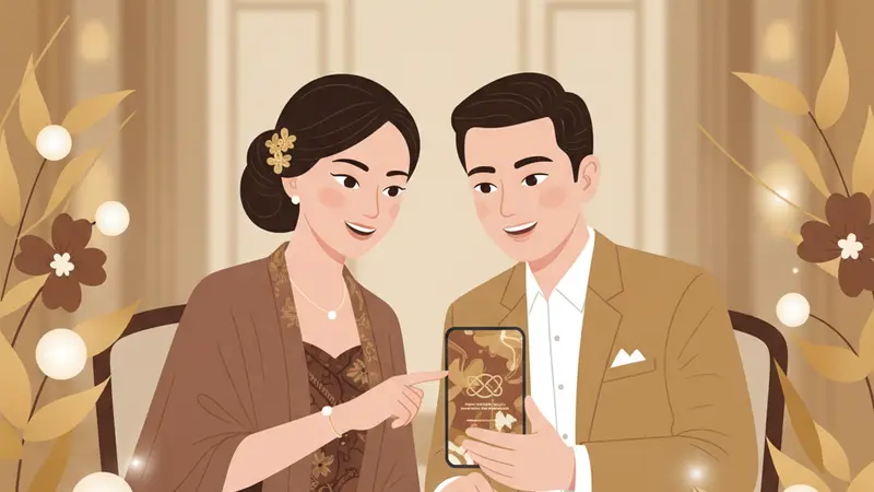 Pasangan pengantin melihat undangan digital di laptop bersama vendor undangan digital