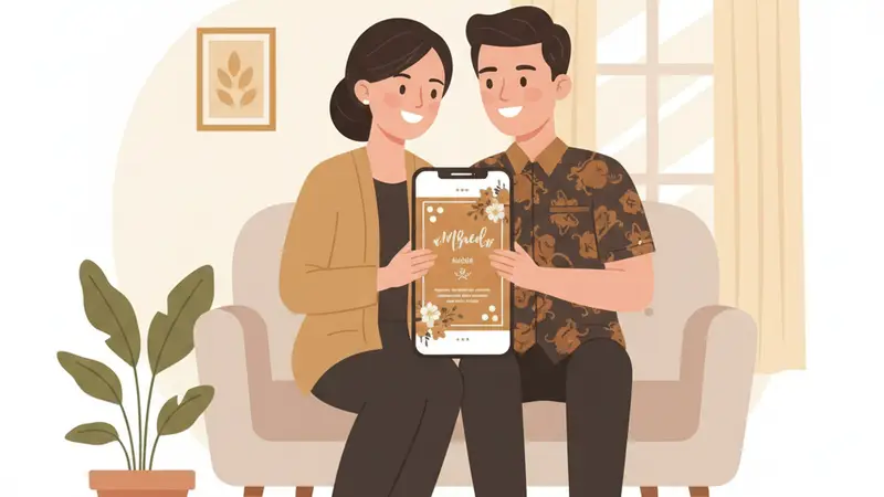 Pasangan pengantin berdiskusi dengan vendor undangan digital mengenai paket harga dan fitur