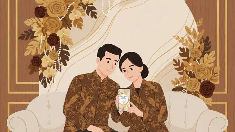 Ilustrasi pasangan berpakaian cokelat dengan dekorasi bunga bernuansa emas