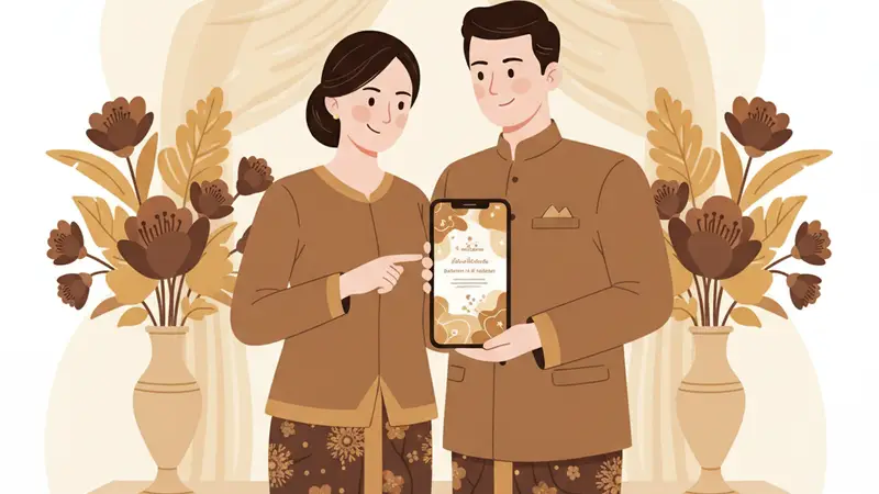 Ilustrasi pasangan sedang mencari web buat undangan digital gratis di laptop