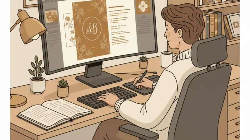 Ilustrasi seseorang mengatur desain undangan pada komputer meja