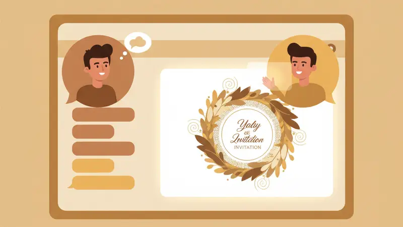 Ilustrasi halaman undangan di layar dengan dua foto profil dan ornamen bunga