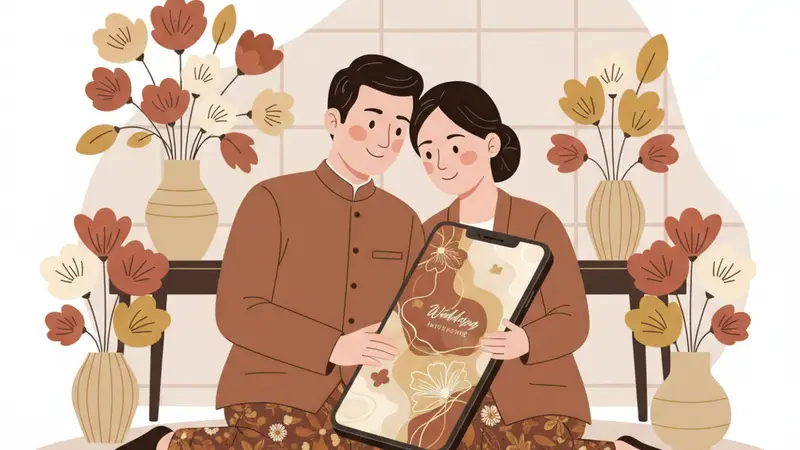 Pasangan pengantin sedang melihat web undangan gratis di laptop