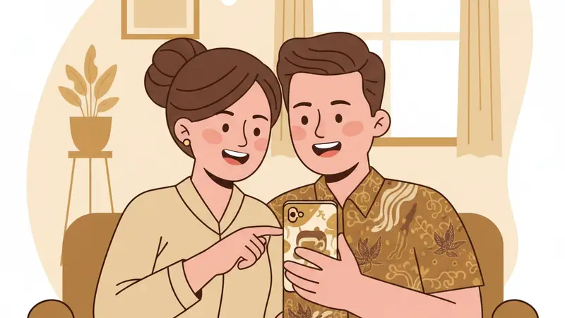 Pasangan pengantin bahagia melihat undangan digital mereka di tablet