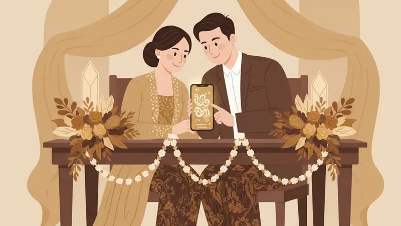 Pasangan pengantin melihat web undangan nikah di laptop
