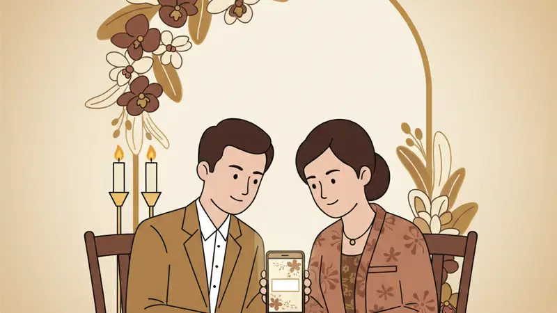 Ilustrasi pasangan duduk bersama sambil melihat rancangan undangan