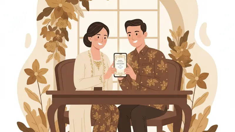 Ilustrasi pasangan duduk di meja sambil memperlihatkan undangan pada ponsel