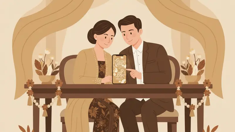 Pasangan berbahagia melihat web undangan online di tablet