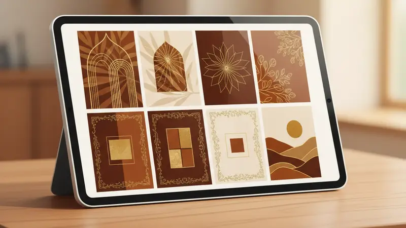 Ilustrasi tablet menampilkan kisi pilihan desain undangan cokelat dan emas