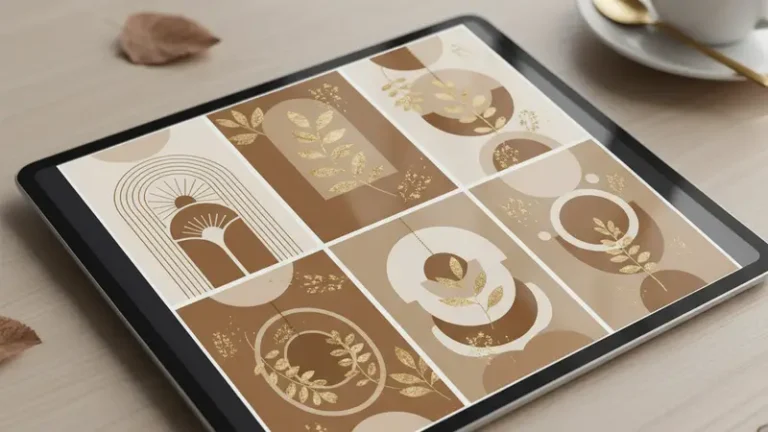 Ilustrasi tablet menampilkan pilihan desain undangan emas di meja putih