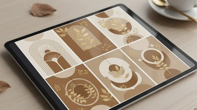 Ilustrasi tablet dengan pilihan desain undangan bernuansa krem dan emas