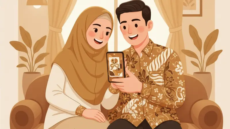 Ilustrasi pasangan berpakaian cokelat memegang ponsel dengan rancangan undangan