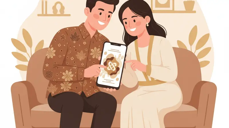 Ilustrasi pasangan di sofa melihat undangan pada ponsel