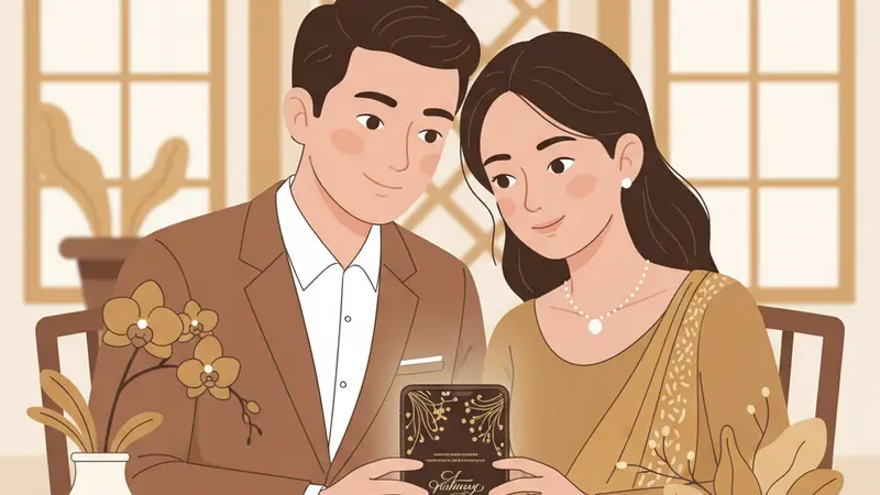 Ilustrasi pasangan sedang melihat web undangan online gratis di laptop