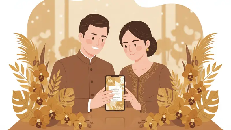 Ilustrasi pasangan melihat website undangan pernikahan di laptop