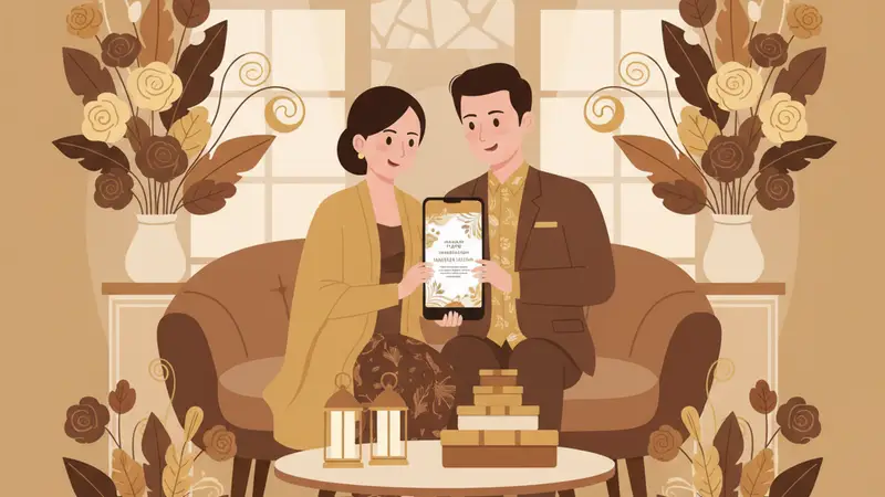 Pasangan pengantin sedang melihat website undangan pernikahan di laptop