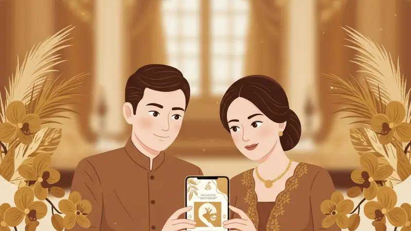 Ilustrasi keluarga bahagia dengan anak yang baru khitan, melihat undangan khitanan digital di tablet