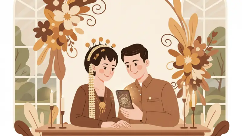 Pasangan pengantin melihat laptop menampilkan undangan web Sannubari