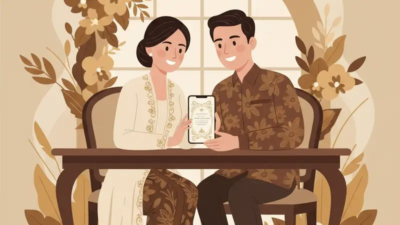 Pasangan pengantin melihat layar tablet yang menampilkan undangan online pernikahan Sannubari dengan desain elegan