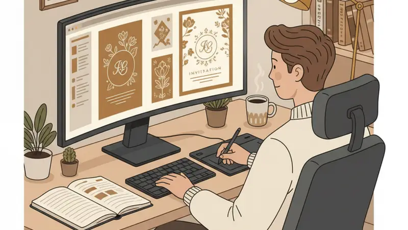 Seorang desainer grafis Sannubari sedang mengerjakan desain undangan online pernikahan di layar komputer