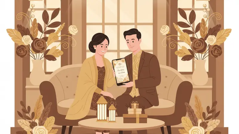 Ilustrasi pasangan sedang membuat undangan pernikahan di Canva dengan laptop